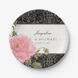 Plato De Papel Bonito Peony con clase Swirl Scroll Iron Fence