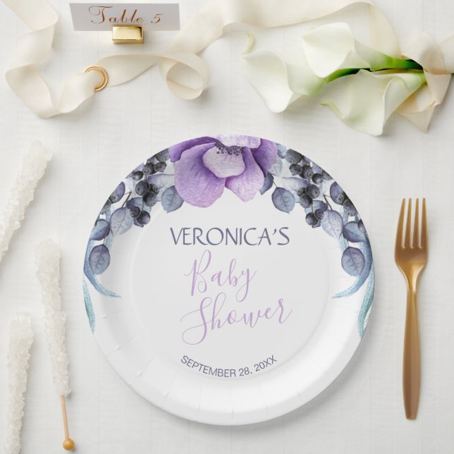 Plato De Papel Bonito Purple Floral Berry Baby Shower (Boda)