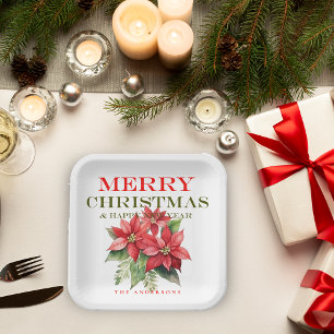Plato De Papel Bonito Red Poinsettia Flower Merry Christmas Fiest