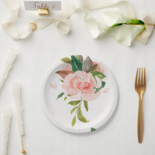 Plato De Papel Bonito rosa de color de agua y boda follaje