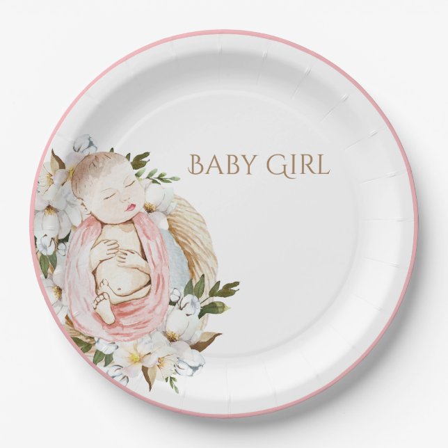 Plato De Papel Bonito Rosa Floral Baby Girl Baby Shower (Anverso)