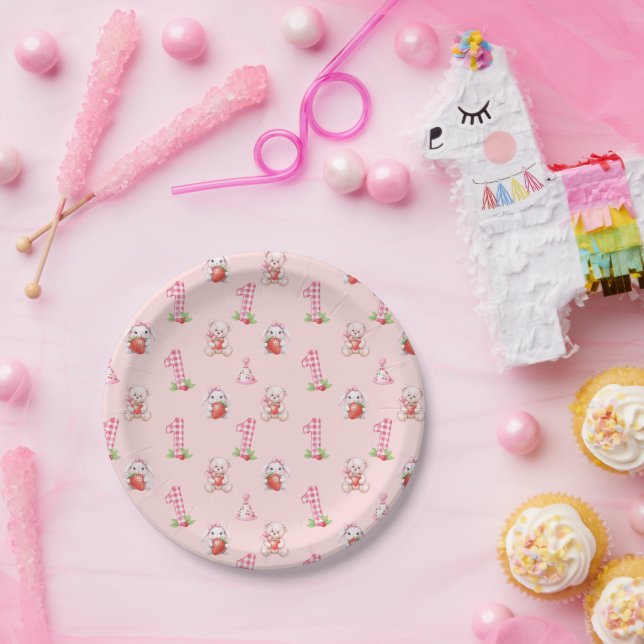 Plato De Papel Bonito Rosa Gingham, Bunnies y Osos! (Fiesta)