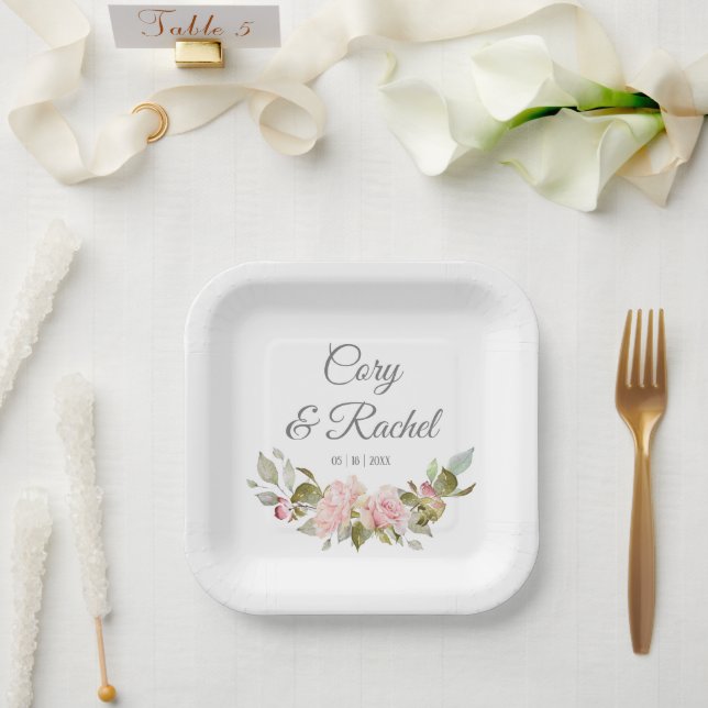 Plato De Papel Bonito Rosa Rosas Bouquet Boda (Boda)