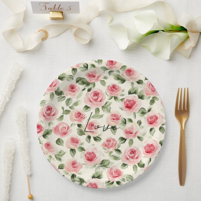 Plato De Papel Bonito Rosa Roses Floral Brillante (Boda)