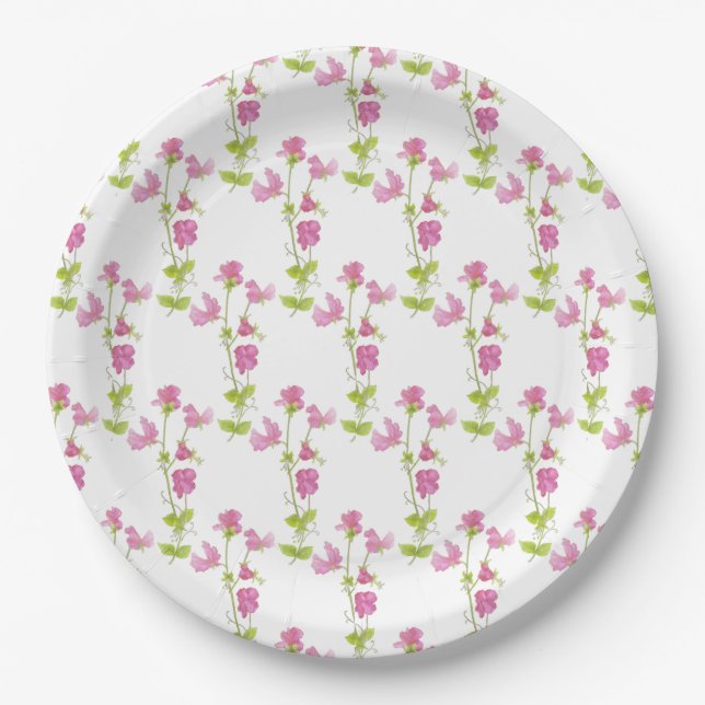 Plato De Papel Bonito Rosa Sweet Pea Flower Art (Anverso)