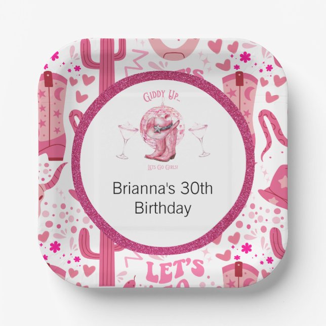 Plato De Papel Bonito Rosa y Purpurina Vaquera Cumpleaños (Anverso)