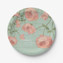 Plato De Papel Bonito Rubor Rosas de color rosa Vintage de la val