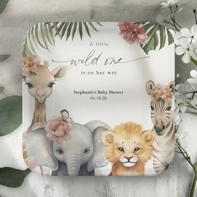 Plato De Papel Bonito Safari Animales Wild One Baby Shower (A little Wild One is on her way, Safari animal baby girl shower party paper plates.)