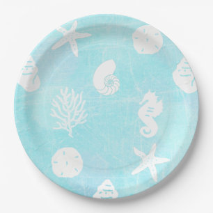 Plato De Papel Bonito tema de playa azul
