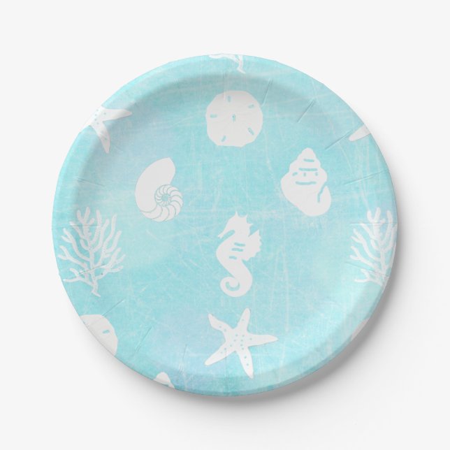 Plato De Papel Bonito tema de playa de mar azul (Anverso)