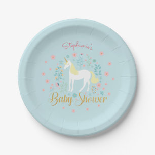 Plato De Papel Bonito Unicorn Aqua Gold Purpurina Baby Shower