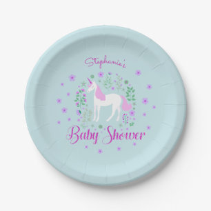 Plato De Papel Bonito Unicorn Pink Aqua Baby Shower personalizado