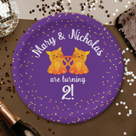 Plato De Papel Bonitos gemelos cumpleaños gatitos Personalizado F