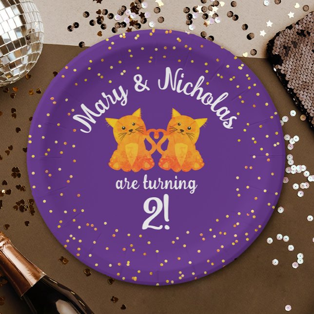 Plato De Papel Bonitos gemelos cumpleaños gatitos Personalizado F (Subido por el creador)