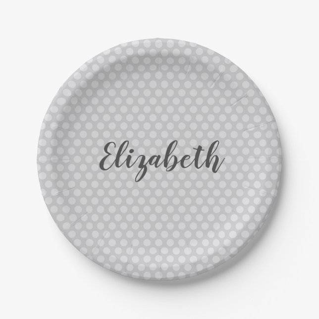 Plato De Papel Bonitos puntos de Polka Gris vibrante (Anverso)