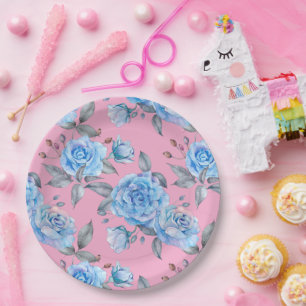 Plato De Papel Bonitos rosas azules, fondo rosa pastel,