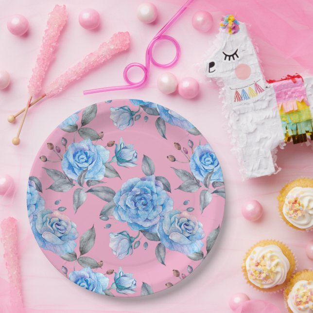 Plato De Papel Bonitos rosas azules, fondo rosa pastel, (Fiesta)