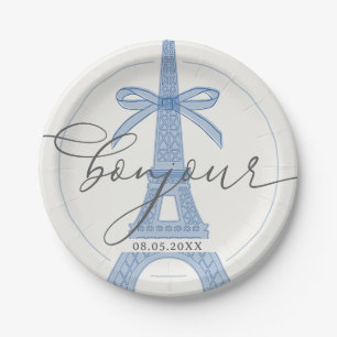 Plato De Papel Bonjour Bébé Blue Paris Eiffel Baby Shower