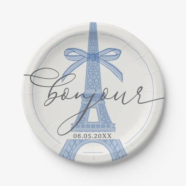 Plato De Papel Bonjour Bébé Blue Paris Eiffel Baby Shower (Anverso)