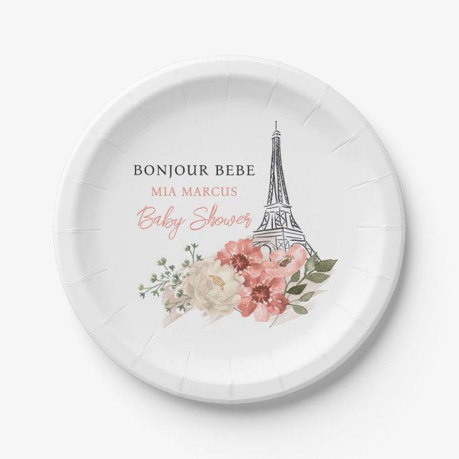 Plato De Papel Bonjour Bebe Eiffel Tower Paris Baby Shower (Anverso)
