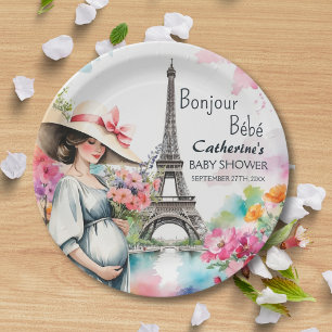 Plato De Papel Bonjour Bebe Floral Eiffel Torre Paris Baby Shower
