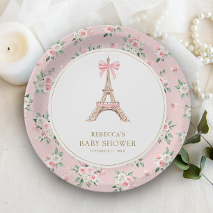 Plato De Papel Bonjour Bebe Francés Rosa Café Parisino Baby Showe