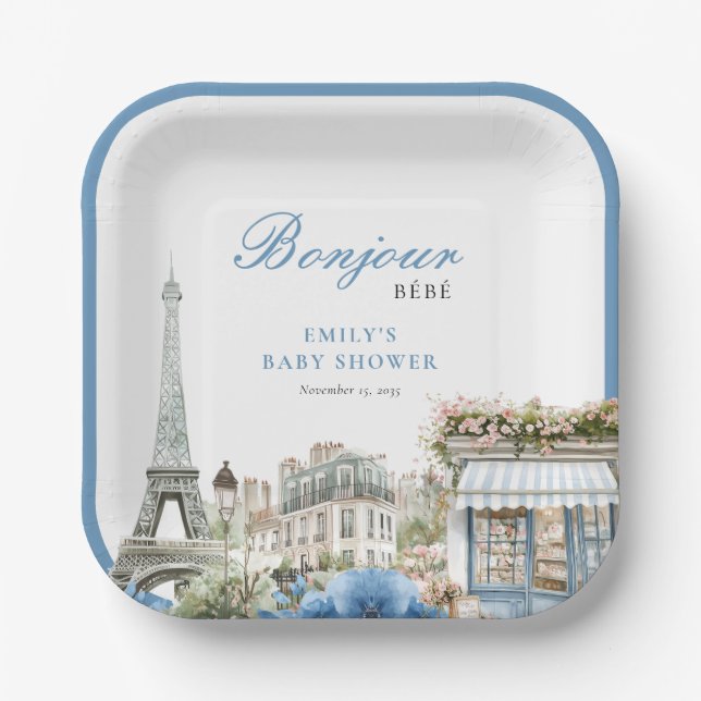 Plato De Papel Bonjour Bebe French Blue Baby Shower (Anverso)