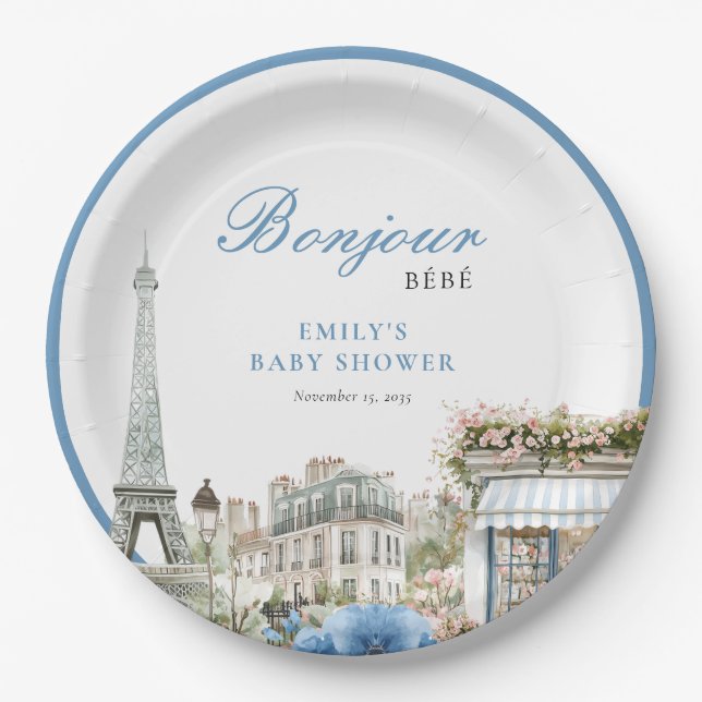 Plato De Papel Bonjour Bebe French Blue Baby Shower (Anverso)