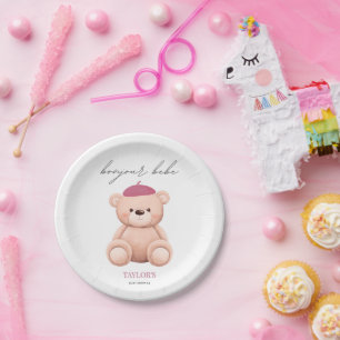 Plato De Papel Bonjour Bebe French Watercolor Bear Baby Shower