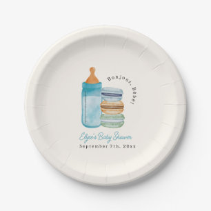 Plato De Papel Bonjour Bébé Macarons Azules y Leche Bañito de Beb