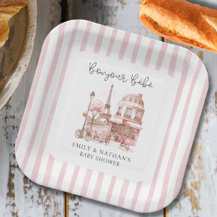 Plato De Papel Bonjour Bébé Paris Café Script Baby Shower