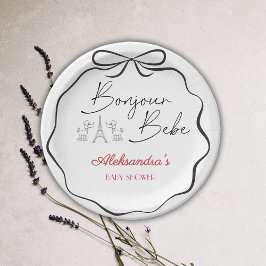 Plato De Papel Bonjour Bebe París Francés Baby Shower Rosa Negro