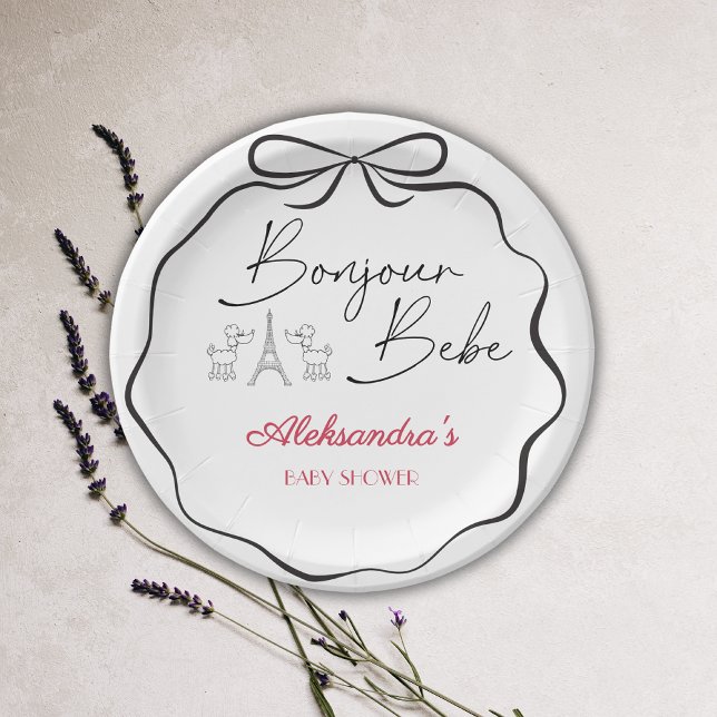 Plato De Papel Bonjour Bebe París Francés Baby Shower Rosa Negro (Subido por el creador)