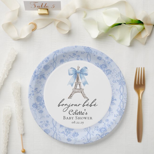 Plato De Papel Bonjour Bebe Romantic Blue French Toile (Boda)