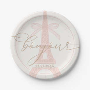 Plato De Papel Bonjour Bébé Rosa París Eiffel Baby Shower