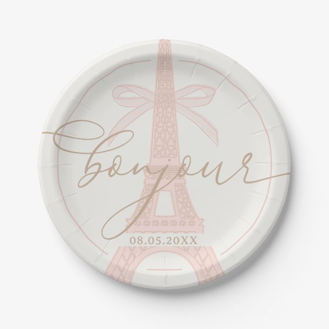 Plato De Papel Bonjour Bébé Rosa París Eiffel Baby Shower (Anverso)