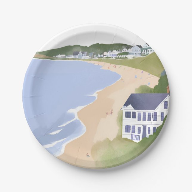Plato De Papel Bonnet Shores | Acuarela de la playa de Rhode Isla (Anverso)