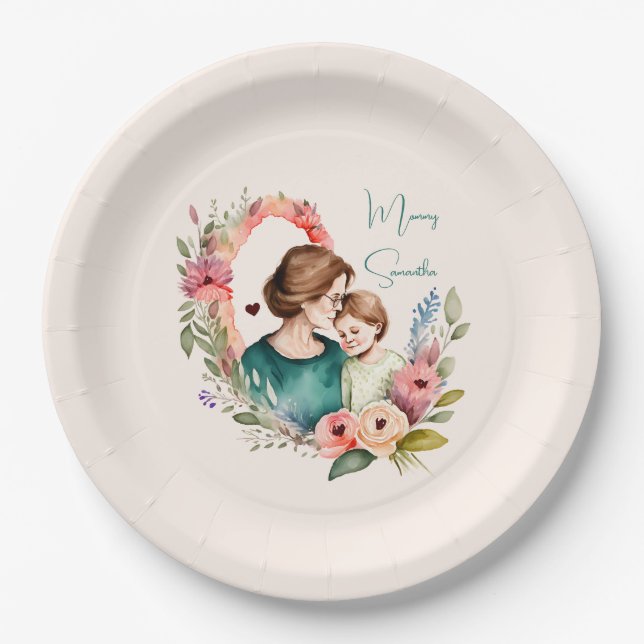 Plato De Papel Bono de mamá y hija adorables - Marco floral (4) (Anverso)