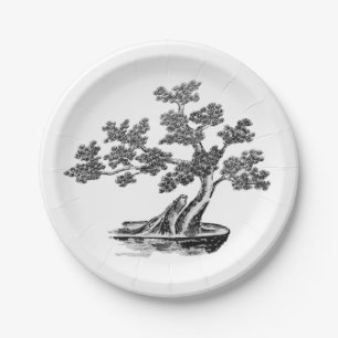 Plato De Papel Bonsai - Estilo chino - blanco y negro