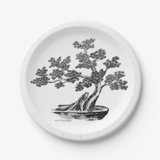 Plato De Papel Bonsai - Estilo chino - blanco y negro (Anverso)