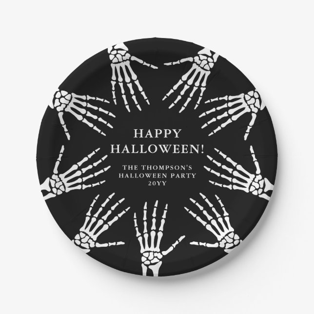 Plato De Papel Bony Skeleton Manos En Negro Feliz Halloween (Anverso)