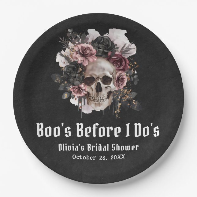 Plato De Papel Boo de cráneo de Halloween antes de la ducha de no (Anverso)