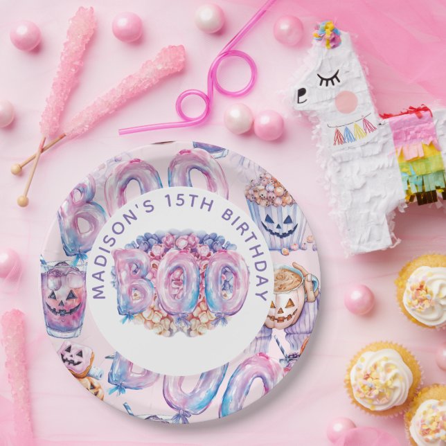 Plato De Papel Boo de Halloween Púrpura Rosa Personalizado (Fiesta)