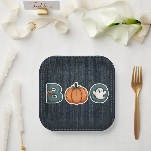 Plato De Papel BOO Denim Rústica Calabaza Fantasma Halloween (Boda)