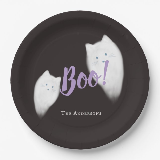 Plato De Papel ¡Boo! Gato fantasma de Halloween Negro (Anverso)