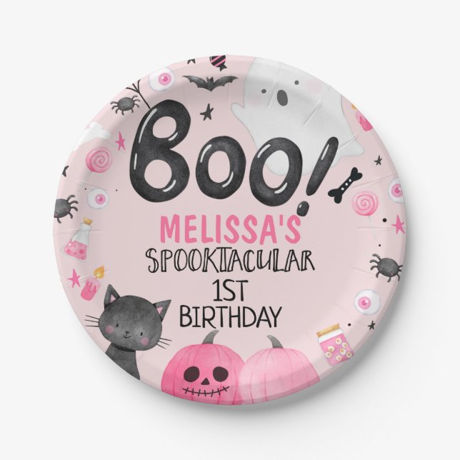 Plato De Papel Boo Halloween, Chica negro rosa (Anverso)
