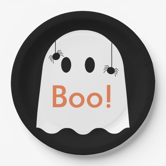 Plato De Papel ¡Boo! Halloween Ghost Cute de papel negro (Anverso)