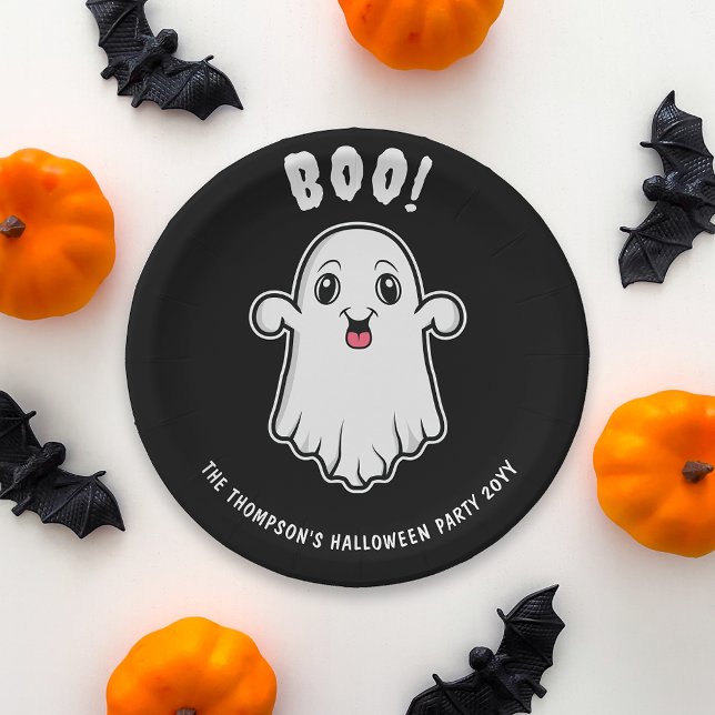 Plato De Papel Boo Halloween Ghost Personalizado Texto Negro Y Bl (Spooky ghost design for a Halloween party. Personalize with your custom text!)
