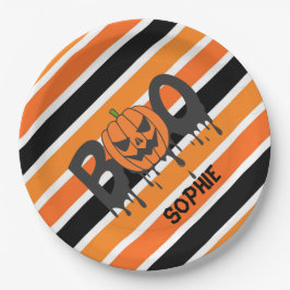 Plato De Papel Boo Halloween Naranja y franjas negras