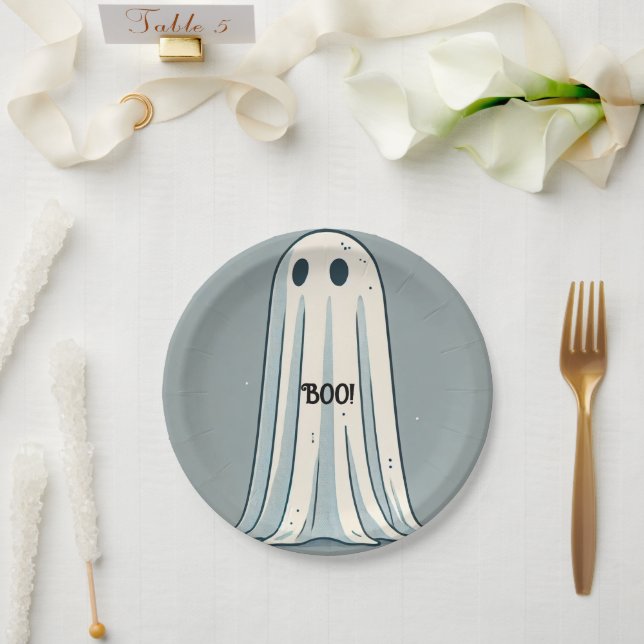 Plato De Papel ¡BOO! Halloween verde fantasma de hoja (Boda)